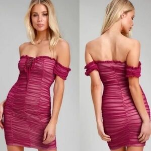 NWT • LULUS Pink Mesh Ruched Off-the-Shoulder Bodycon Dress